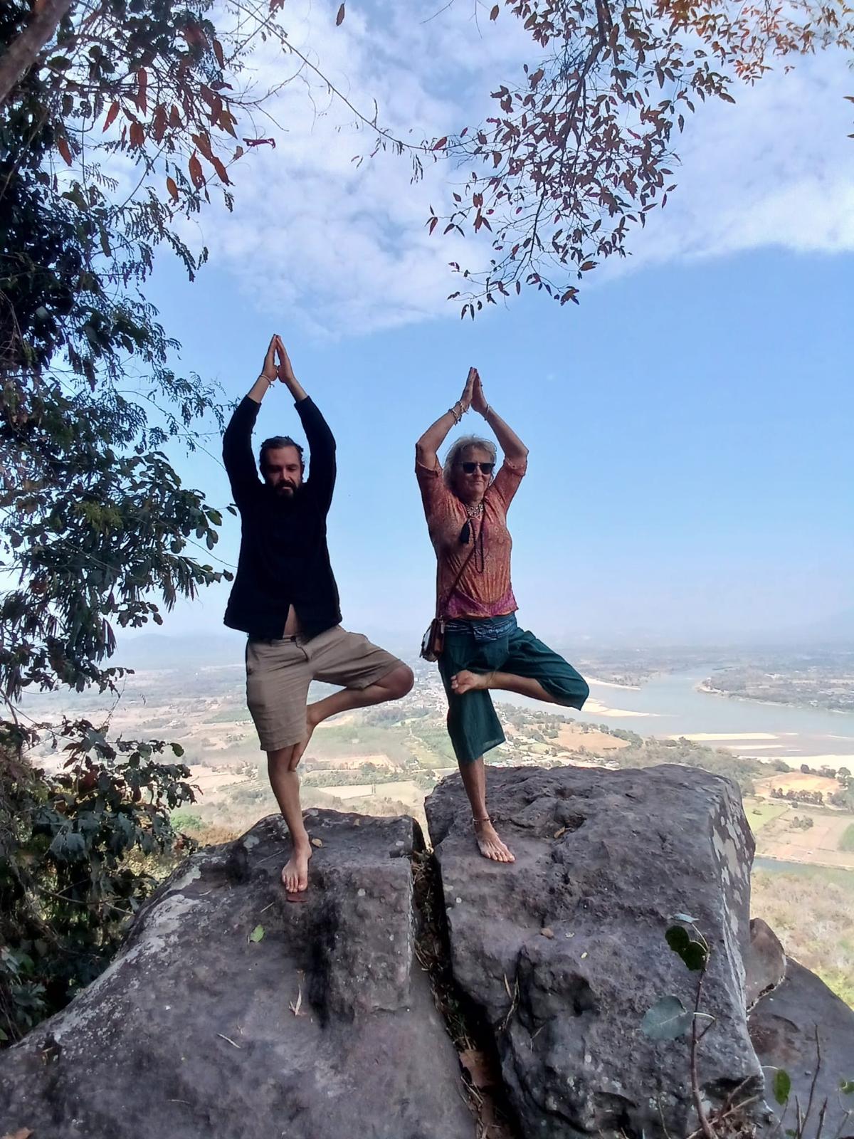 Morning yoga practice overlooking tropical gardens